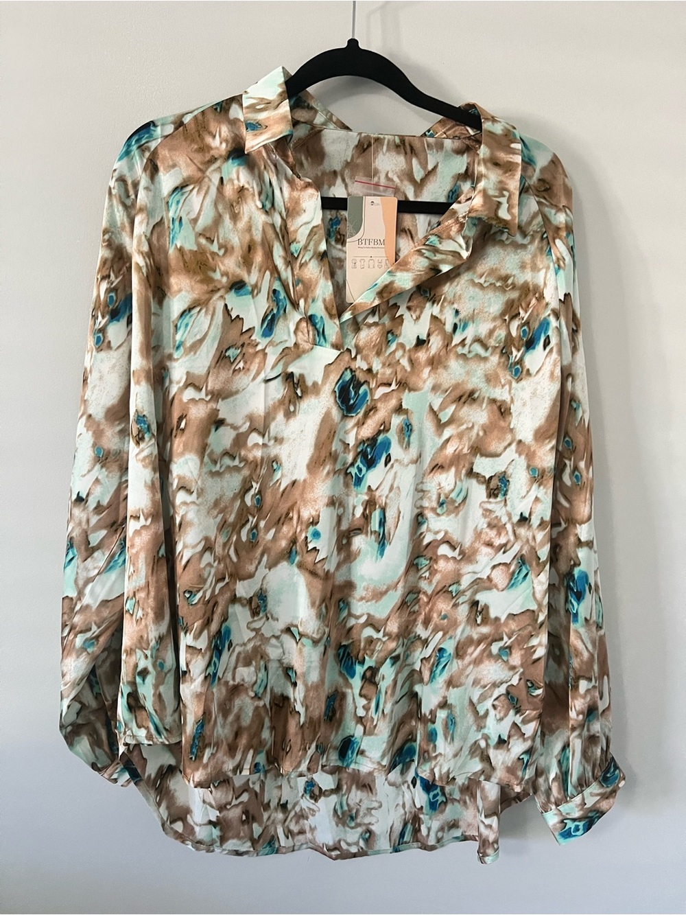 Printed Long-Sleeve Blouse in Brown & Teal